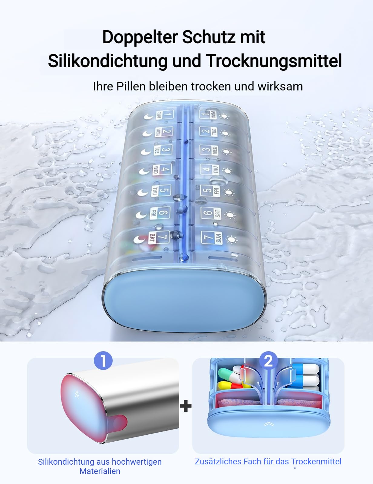 VAYDEER Tablettenbox 7 Tage [LFGB-zertifiziert] [Trockensicher] [Lichtgeschützt] [Aluminium] Reise-Pillendose Tabletten-Organizer für 2× täglich Medikamentenbox, morgens & abends Silber 2