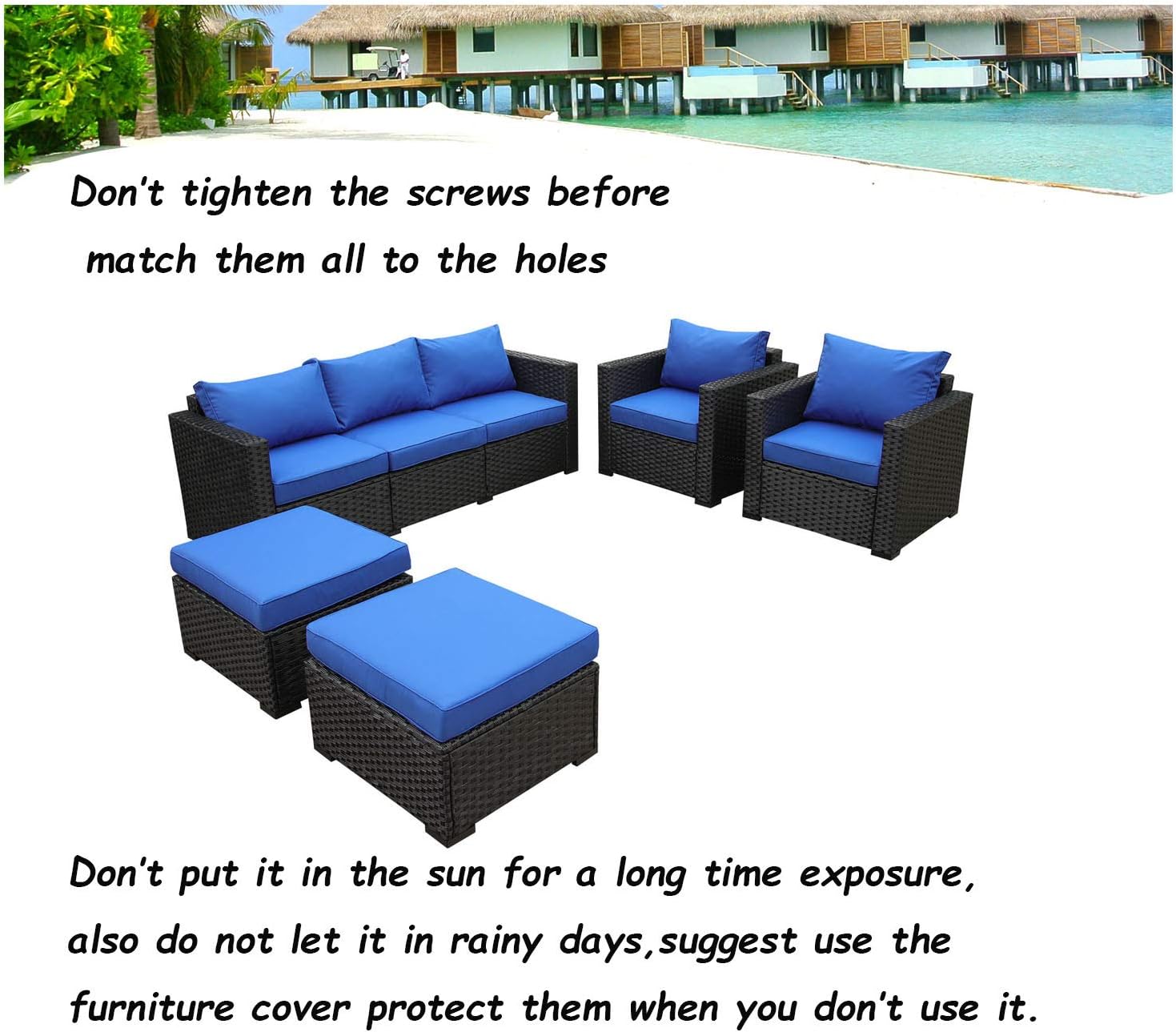 Rattaner Outdoor Wicker Sofa Set -5 Pice Patio PE Rattan Garden Sectional Conversation Cushioned Seat Couch Furniture Set Royal Blue Cushion: Garden & Outdoor