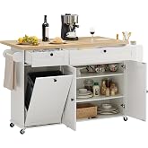 ONBRILL 60" Kitchen Island with Trash Can Storage, Rolling Island Table | Kitchen Island Cart with Power Outlet &amp; Drop Leaf, Large Storage Cabinet with Adjustable Shelf (White+Brown)