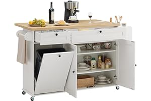 60" Kitchen Island with Power Outlet & Drop Leaf, Kitchen Rolling Island with Spice Rack & Towel Rack, Knife Holder, Kitchen 