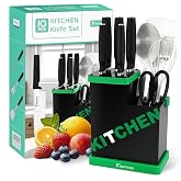 Teammay 10-Piece Kitchen Knife Set with Metal Block, Black | Built-in Sharpener, 5 Ultra Sharp Kitchen Knives, Scissors, Stainless Steel Professional Cutlery Set