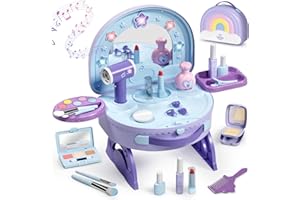 Lehoo Castle Toddler Vanity with Makeup Set, Portable Makeup Vanity for Girls with Lights Music Electric Hairdryer, Pretend Play Princess Toys for Dress Up, Birthday Gifts for 3 4 5 Years Old Girls