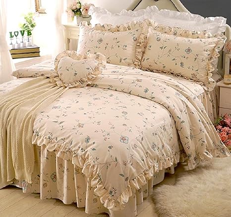 Amazon 100 綿田園花寝具セット フルクイーンキングプリンセスエレガントなダブルホームテキスタイルベッドドレス枕カバー布団カバー クイーン 寝具カバー シーツ オンライン通販