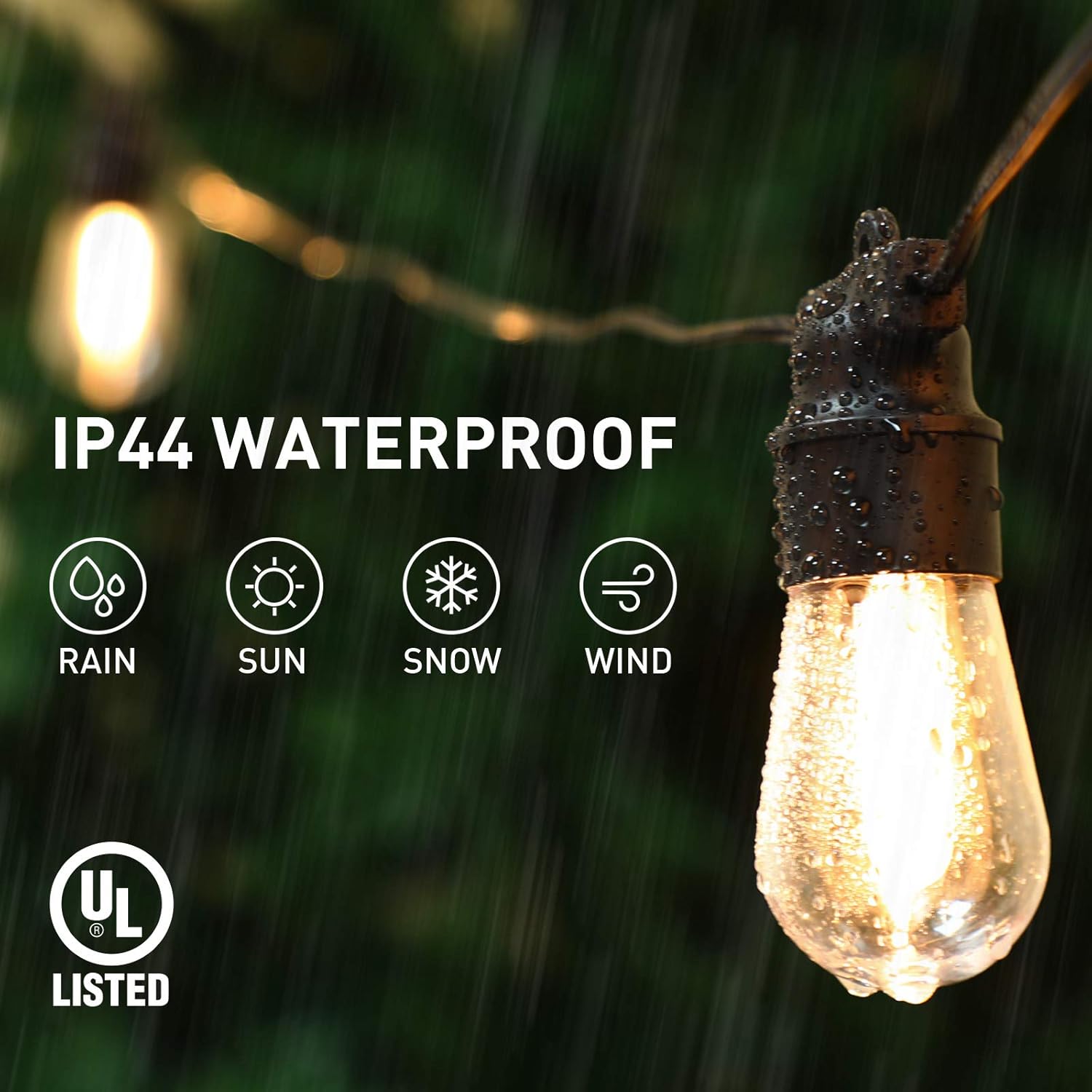 AMSIKE LED Outdoor String Lights 48ft Patio Lights with 16 Bulbs(1 Spare) 2700K Shatterproof Waterproof Plastic Bulbs UL Listed Heavy-Duty Decorative LED Lights for Patio Bistro Backyard Porch Garden - - 