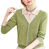 DOVWOER Women's Polo V Neck Layered Look Sweaters Long Sleeve 2 in 1 Knitwear Pullover Tops