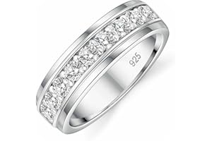 SweetJew Mens Moissanite Wedding Band 925 Sterling Silver Rings For Men 14K White Gold Plated 1ct D Color VVS1 Clarity Brilliant Lab Created Stone 9 Round Cut Engagement Rings For Him Size 7-14