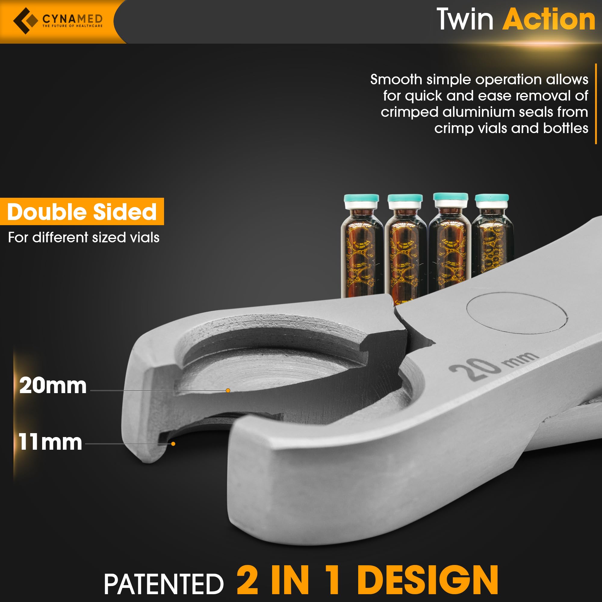 Cynamed 2-in-1 Vial Decapper - Professional Dual Action Aluminum Crimp Top Remover, Manual De-Crimper for Medical & Pharmacy Glass Bottle Caps - Non-Slip Cushioned Grips, Stainless Steel - 11mm/20mm