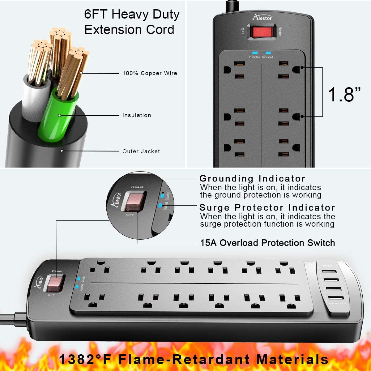 Power Strip , Alestor Surge Protector with 12 Outlets and 4 USB Ports, 6 Feet Extension Cord (1875W/15A) for for Home, Office, Dorm Essentials, 2700 Joules, ETL Listed, - Black: Electronics