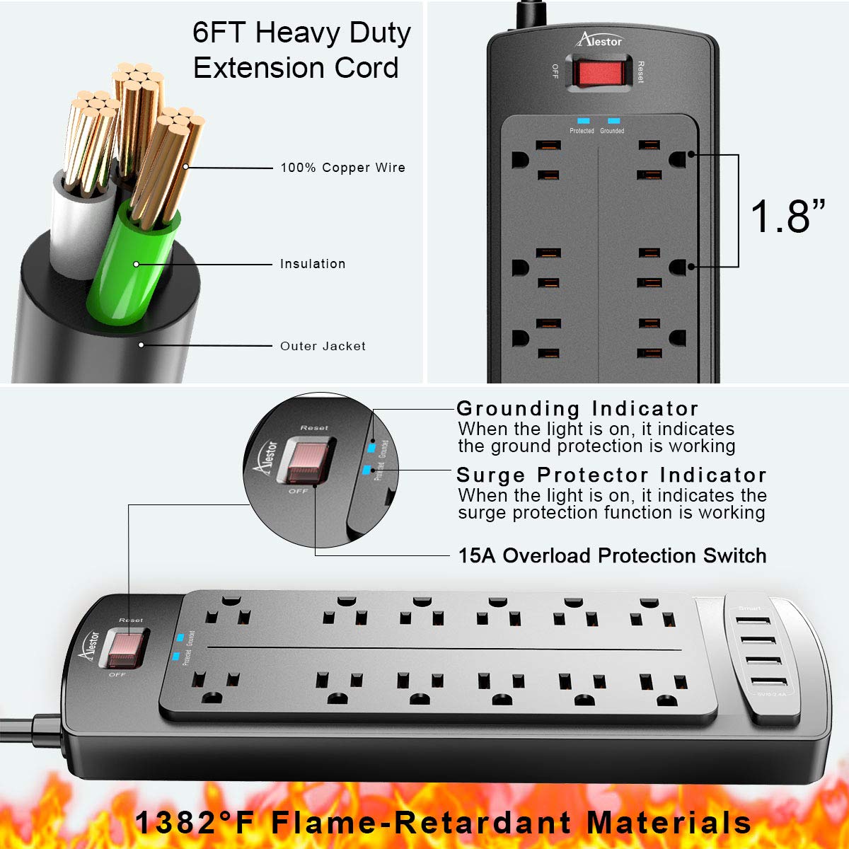 Power Strip, ALESTOR Surge Protector with 12 Outlets and 4 USB Ports, 6