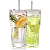 WeirdUncle Set of 2 Ribbed Glass Tumbler with Lids and Straws, 20oz Vintage Clear Glass cups, Large capacity, Unbreakable, Fluted Design, Ideal for Travel, Iced Coffee,Smoothie, Tea, Latte, Gift