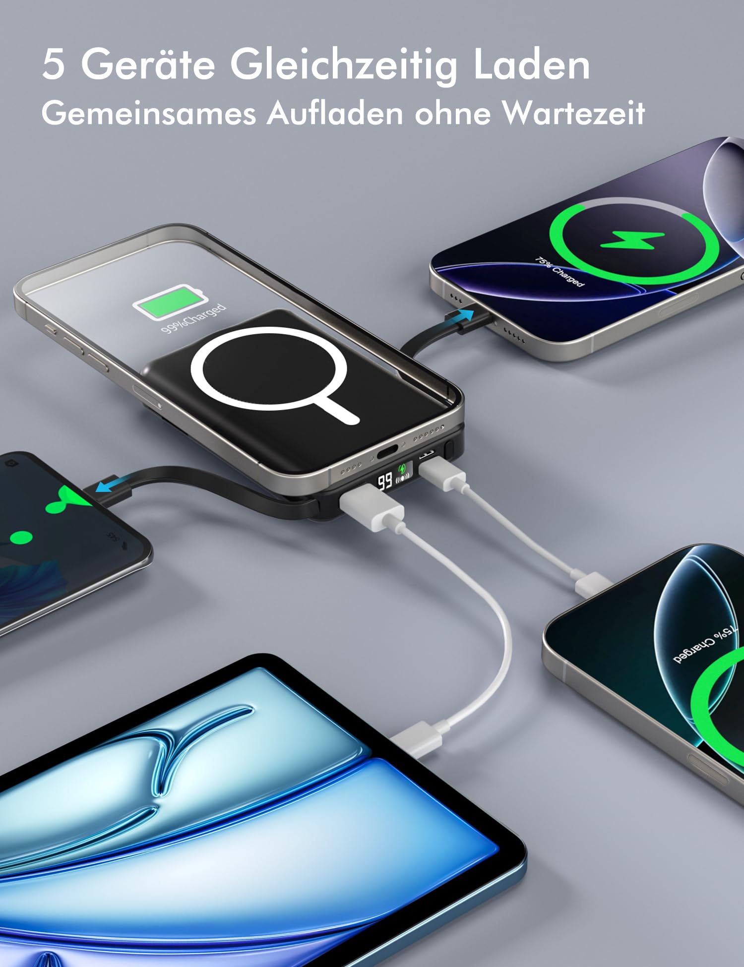 Podoru for Magsafe Powerbank, 10000mAh Magnetische Wireless Power Bank mit USB-C Kabel PD 20W Schnellladen mit LED Display, Kabellos Akkupack für iPhone 17/16/15/14/13/12 Alle Serien (Schwarz) 5