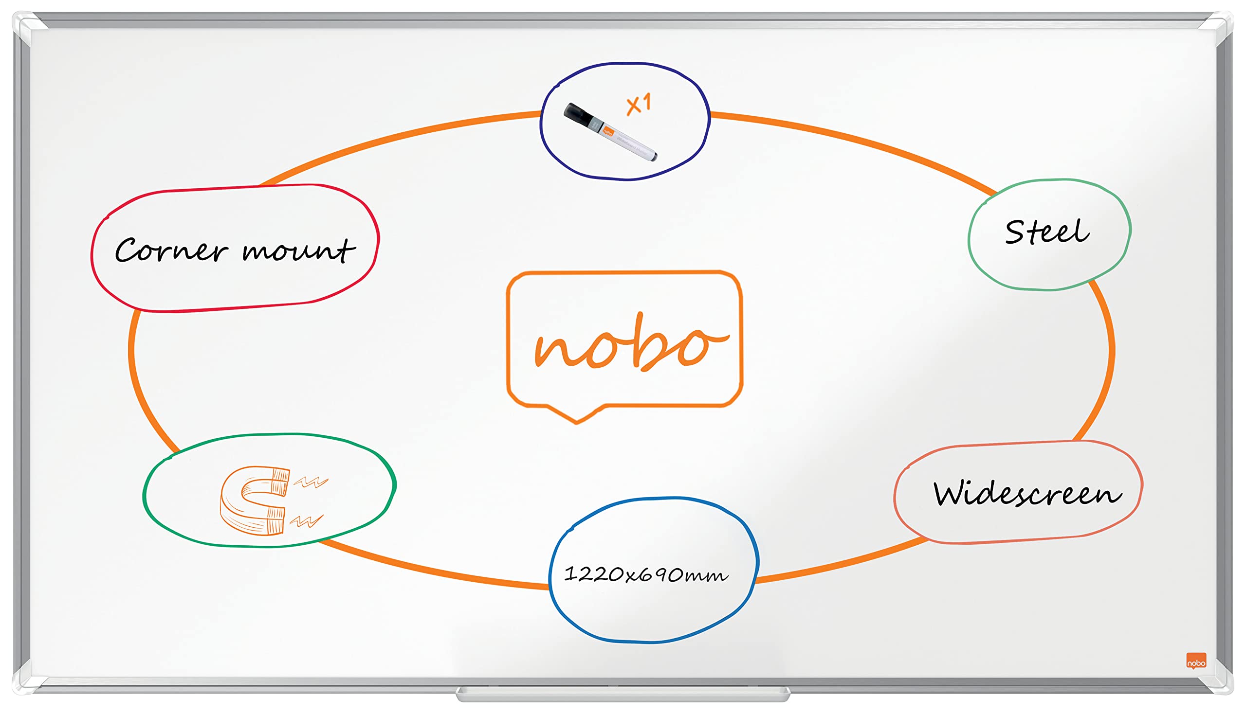 Nobo Premium Plus Widescreen Steel Magnetic Whiteboard – 1220x690mm, Aluminium Trim, EU Ecolabel Certified, 1915372
