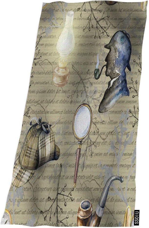 SSOIU Bath Towels Hat Smoking Pipe Lamp Magnifier Branches Pocket Watch Sherlock Holmes Head 32 X 64 Inches Bath Towel Super Soft Water Absorbent Beach Towel for Bathroom,Swimming,Camping,Outdoors