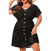 Yonique Plus Size Swimsuit Cover Up Women - Button Down Bathing Suit Coverup 2025 V Neck Hollow Out Beach Dress Swimwear