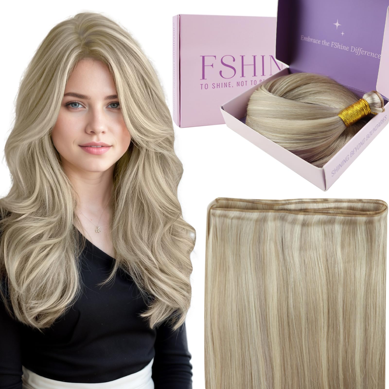 Fshine Weft Human Hair Extensions,18P613 Ash Blonde Highlight with Bleach Blonde,Double Weft Remy Hair Extensions,60 Gram 20 Inch Weave Natural Invisible,Handcrafted for Salon Quality Results — image 1