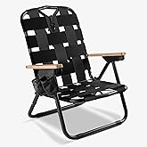 CleverMade Kove Midnight Black Beach Camping Chair, Hands Free Carrying Strap + Real Wood Handles & 2 Cup Holders, Foldable Reclining Low Profile Collapsible Lawn Chair, Holds 300 lbs