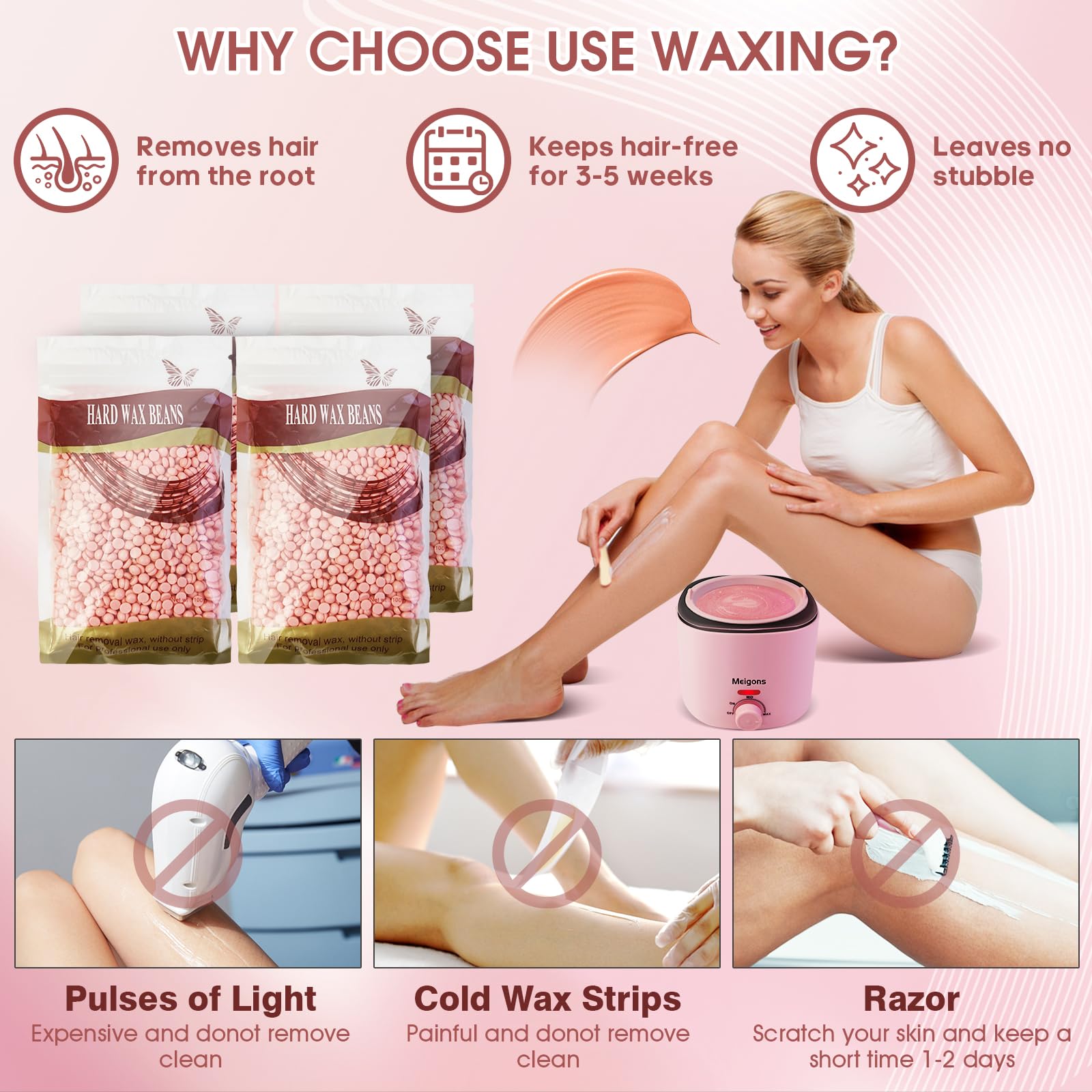 400ML Hair Removal Wax Warmer, Women Men Home Wax Heater with 20 Wax Sticks, 4 Bags of Wax Beans and 1 Silicone Bowl (Pink)