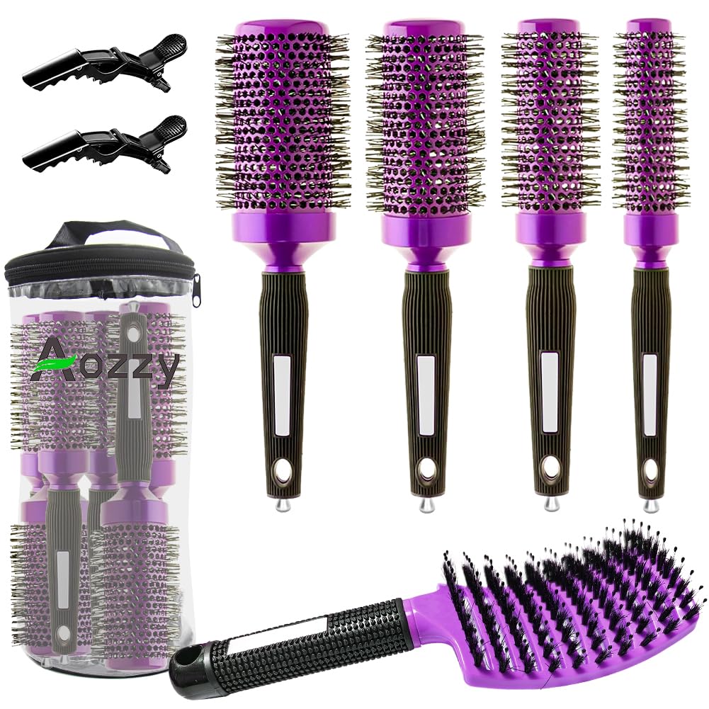 Aozzy 5pcs Round Hair Brush Set with Curved Vent Brush, Round Barrel Hairbrush for Blow Drying, Curling, Professional Salon Styling Brush Set (Purple)
