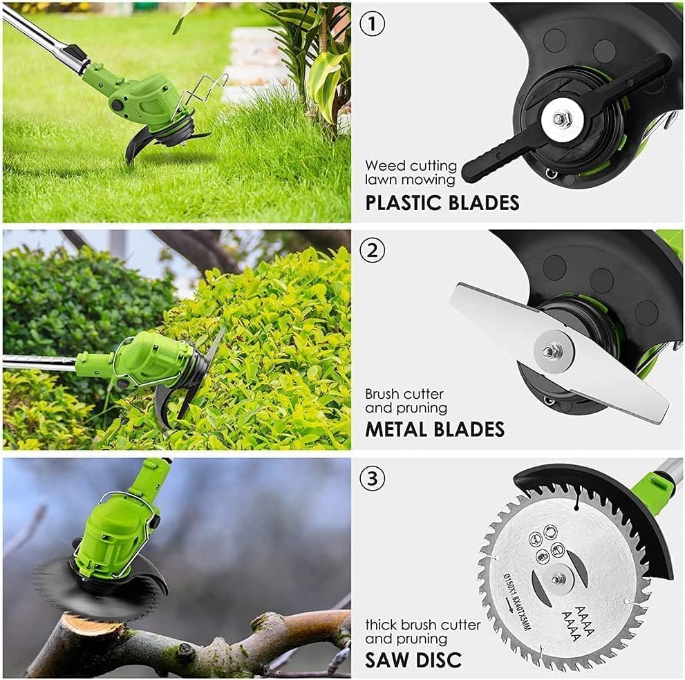 Electric Weed Wacker Cordless with Wheels,24V Electric Weed Eater 3-in-1 Grass Trimmer/Brush Cutter/Edger, 2pcs Batteries&3 Types Blades, Lightweight, Low Noise for Thick Weeds&Yard Garden
