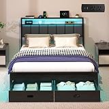 Aelawe Queen Bed Frames with Storage Drawer, Platform Bed with Charging Station and LED Lights, Upholstered Headboard with 2-Tier Storage Shelves, No Box Spring Needed
