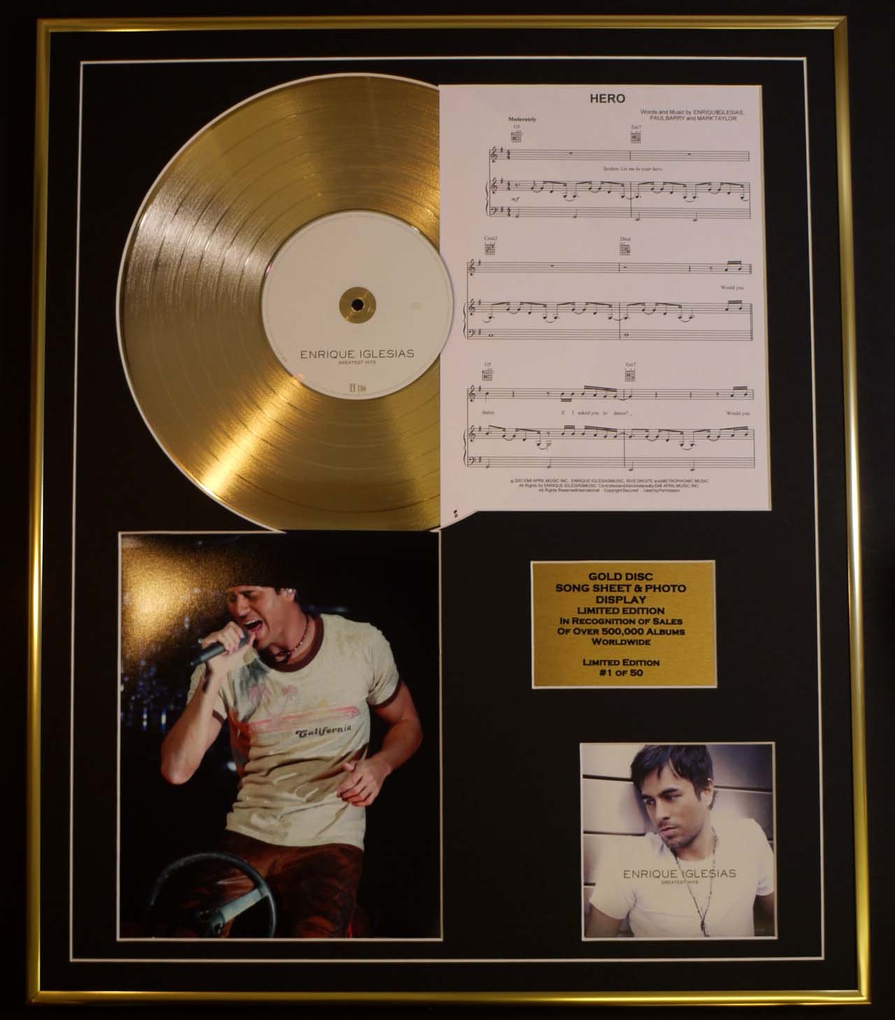 ENRIQUE IGLESIAS/CD GOLD DISC, SONG SHEET & PHOTO DISPLAY/LTD. EDITION/COA/ALBUM, GREATEST HITS/SONG SHEET, HERO