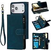RANYOK Wallet Case Compatible with iPhone 17 Pro Max Case, with 6 Card Holder RFID Blocking, PU Leather Zipper Flip Wallet Pocket, Kickstand, Wrist Strap | Protective Phone Cover, Blue