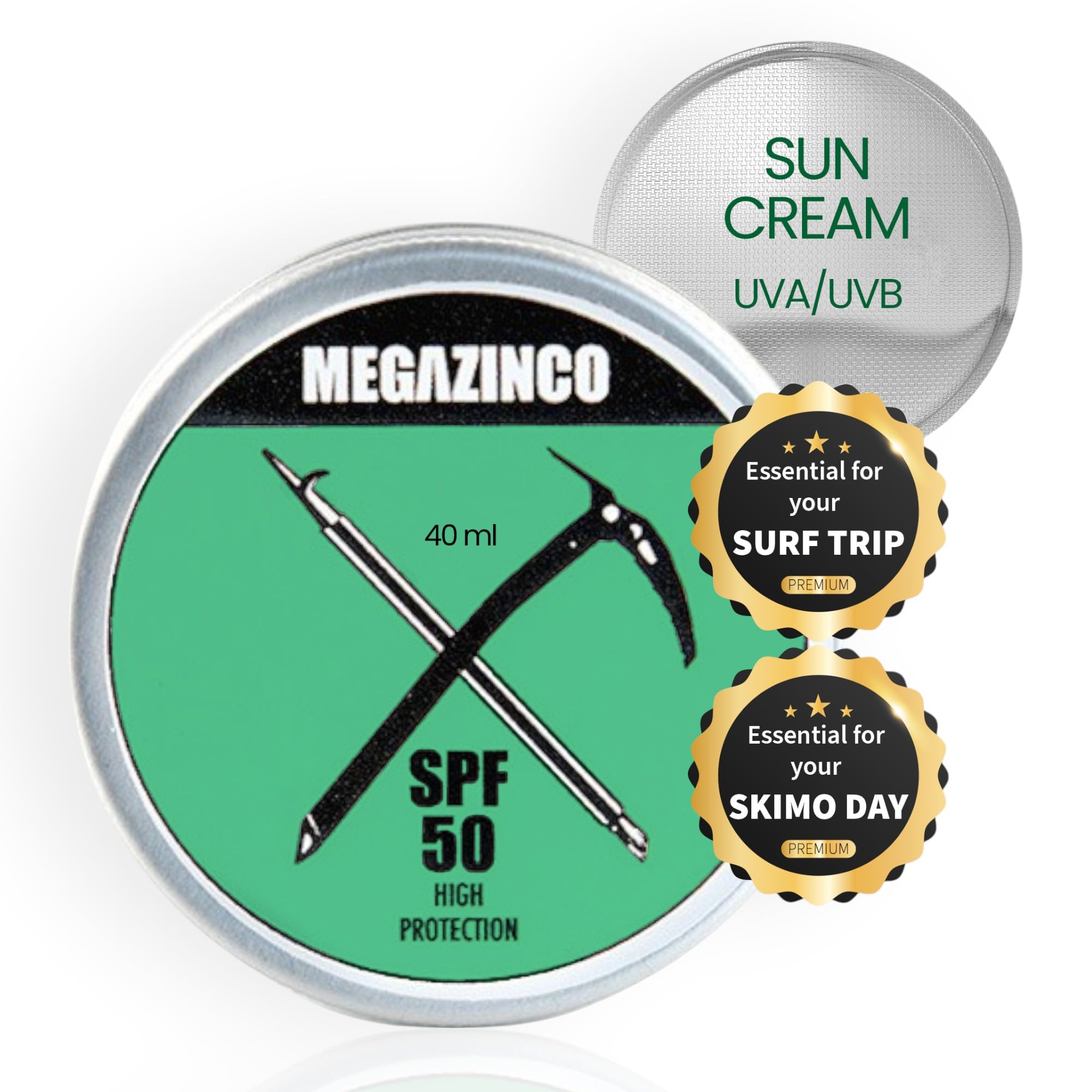 MEGAZINCO GREEN - SPF 50 mineral & 100% NATURAL. High sun protection cream/paste for surfers, sailors, mountaineers, skiers, snowboarders, triathletes, swimmers. SURF SUN CREAM - 40 ml