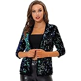 Allegra K Women's Sequin Cardigan 3/4 Sleeve Open Front Velvet Sparkle Jacket Party Glitter Blazer
