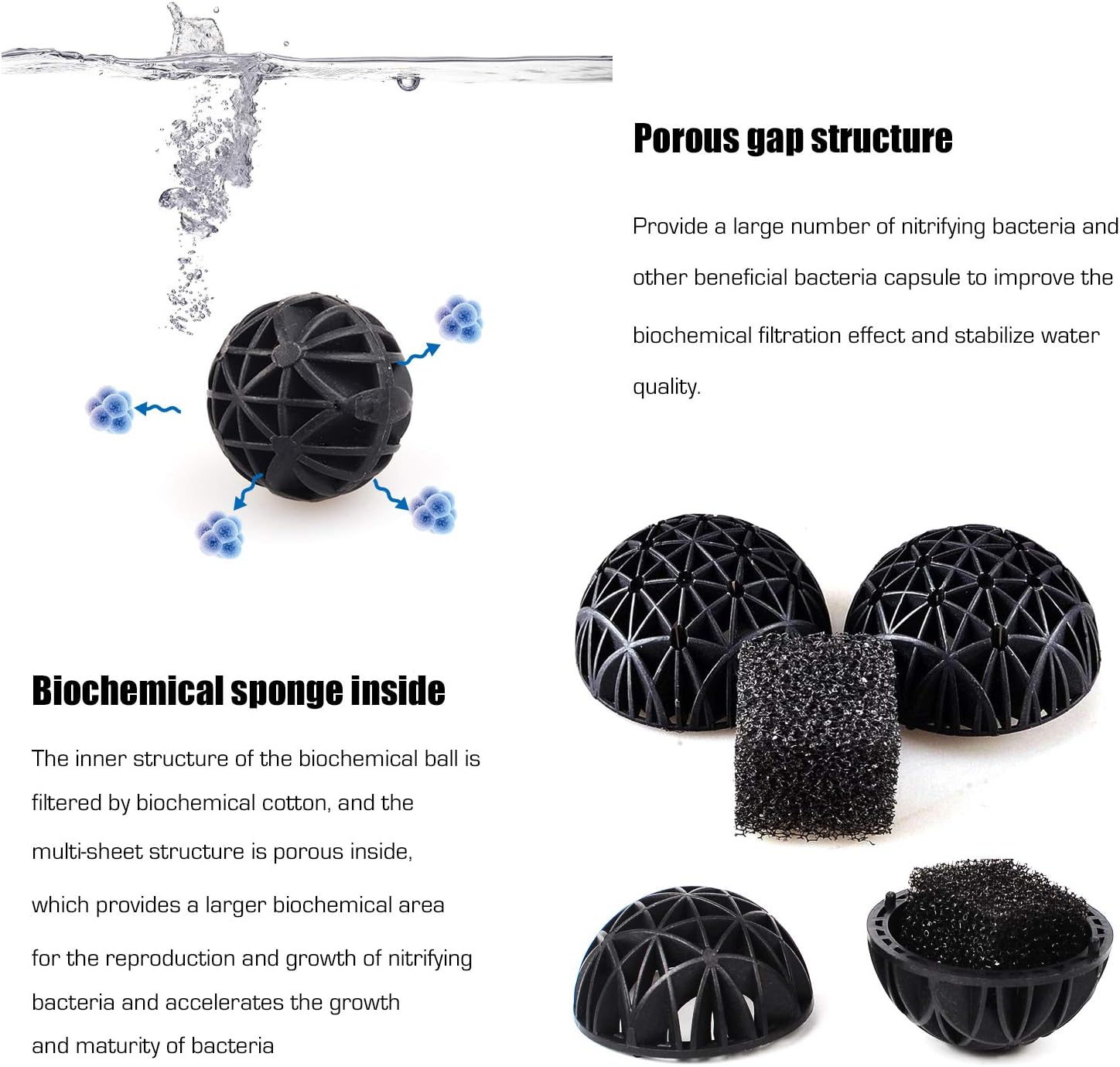 WZYTEU 100 pcs Bio Balls, 26mm Biological Filter Media Water Filter Material with Cotton for Aquarium Fish Tank Pond (Black - Image 5