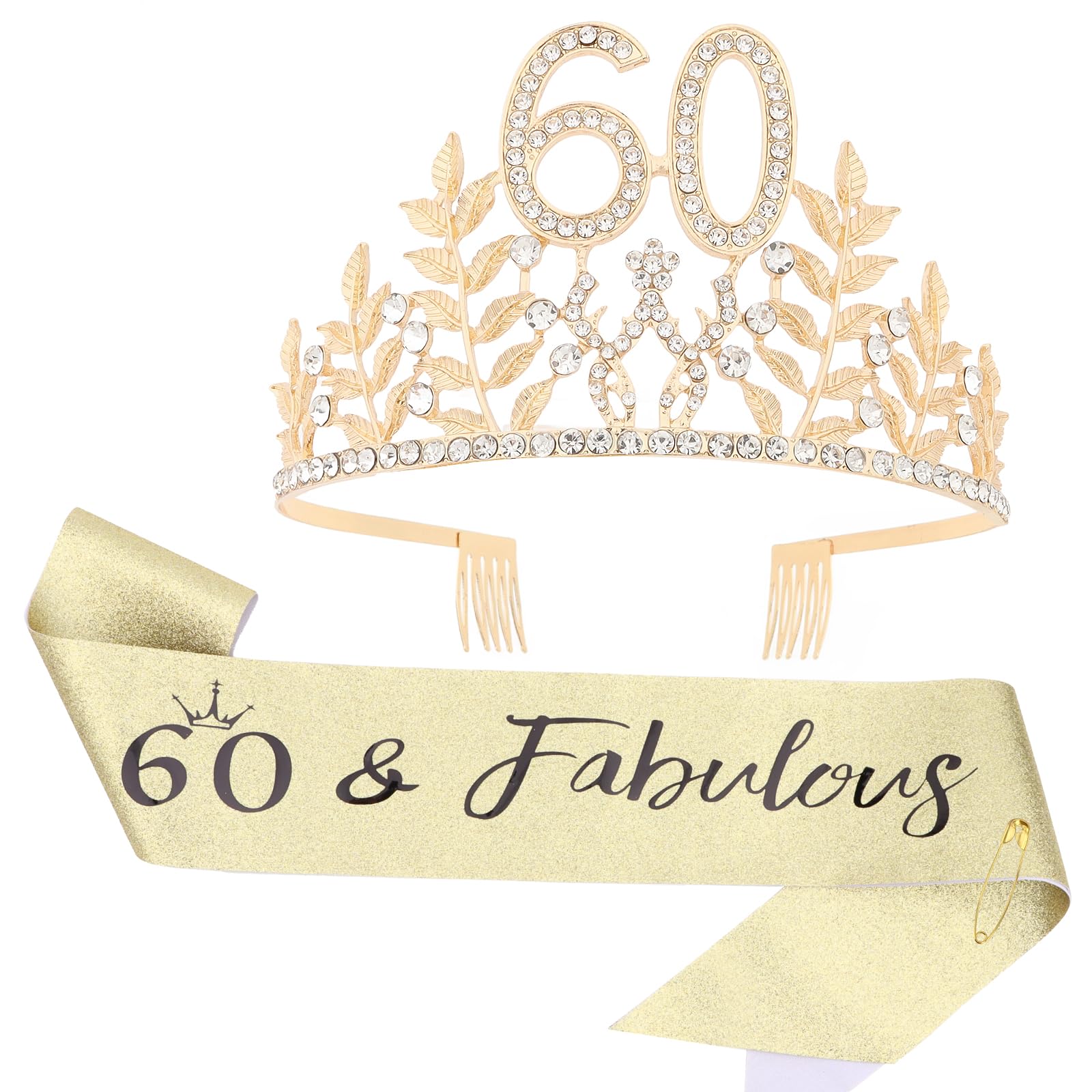 Wanciler Rhinestone Tiara & Fabulous Sash Set - 60th Birthday Tiara and Sash for Women, Gold Leaf Birthday Party Supplies