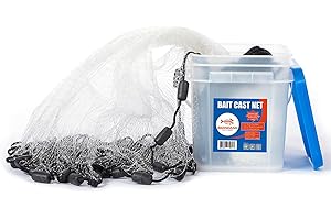 BASSDASH American Saltwater Fishing Cast Net 3/8 1/4-Inch Mesh 4ft 6ft 8ft Radius, 1-Pound Per Foot, for Bait Fish with Utility Bucket Casting