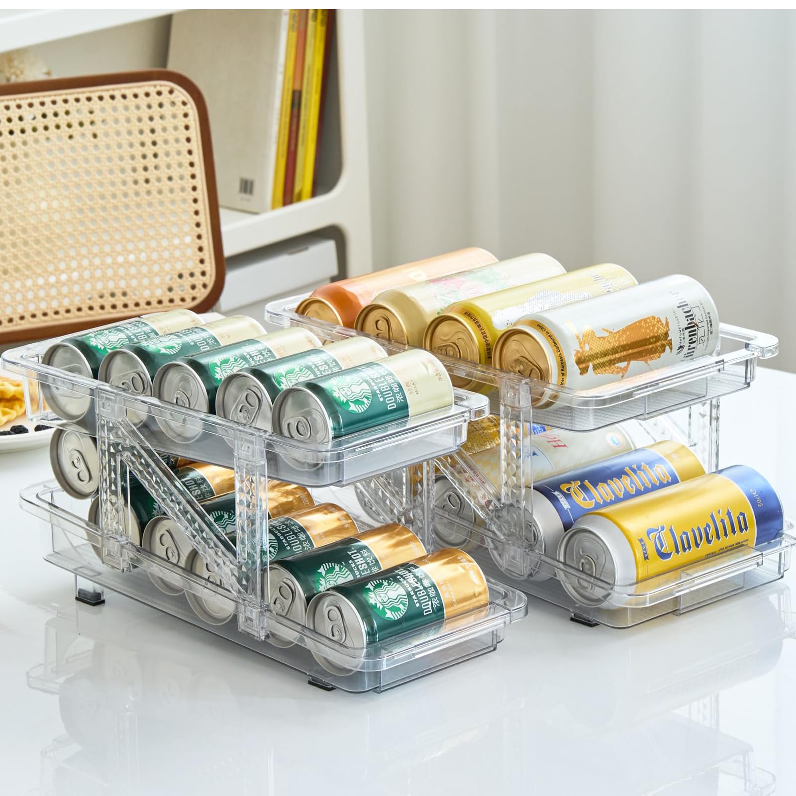STORICANS Soda Can Dispenser for Refrigerator, Set of 2 Adjustable Width Soda Can Organizer 2-Layer Beverage Pop Can Holder Drink Organizer for Fridge, Pantry, Cabinet, Countertop, 2 Pack Clear
