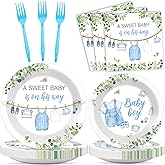 96Pcs Greenery Baby Shower Plates and Napkins Decoration Watercolor Blue Baby Boy Party Tableware Dinnerware Set A Sweet Boy Is On His Way Paper Plates for Gender Reveal Party Supplies Serve 24 Guests