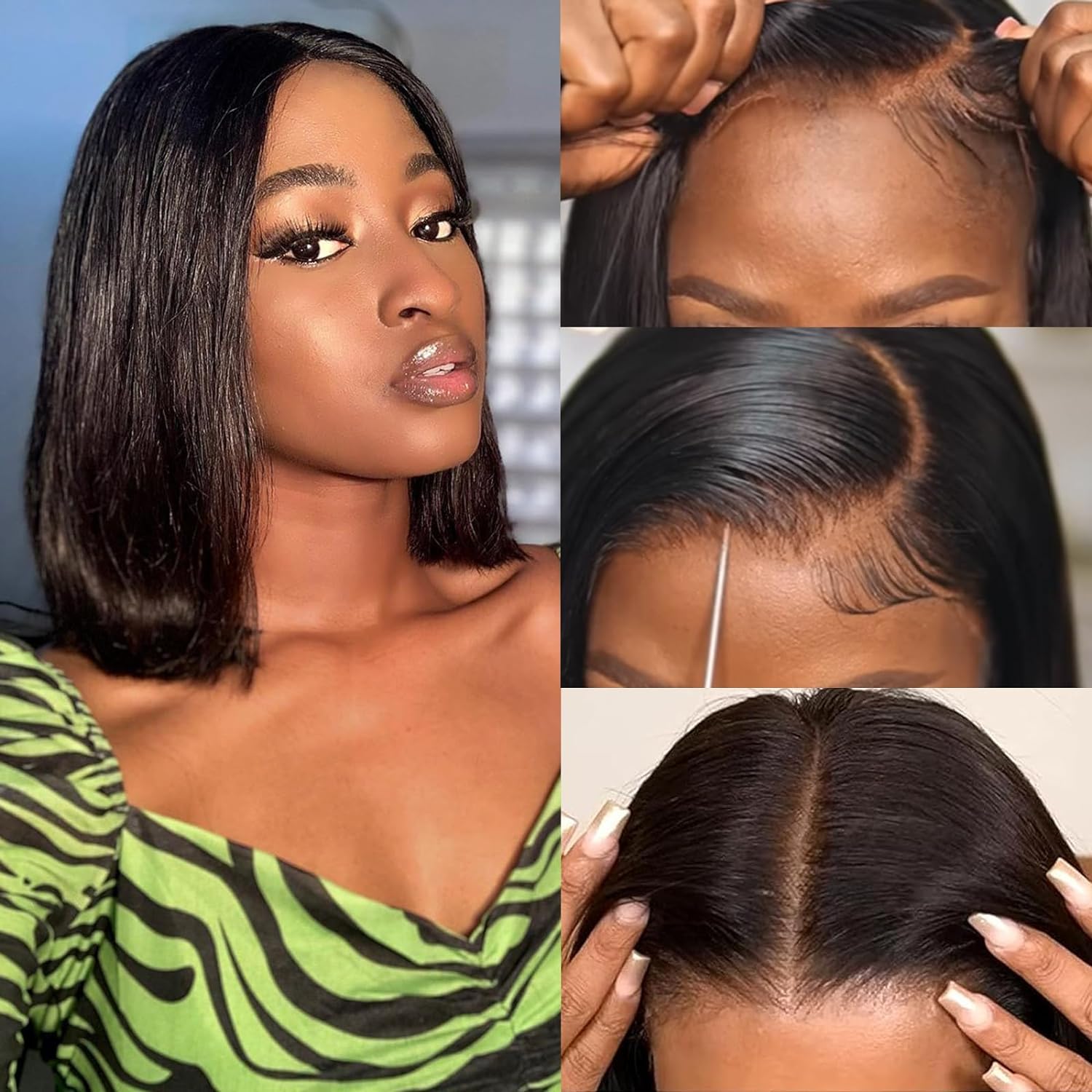 Urshiney Short Straight Bob Wig Human Hair for Black Women 100% Brazilian Virgin Hair 4x4 Free Part Lace Front Wigs Bob Pre Plucked With Natural Hairline 180% Density Natural Color 12 Inch