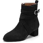 NUMALEO Womens Fashion Casual Ankle High Buckle Comfort Heeled Solid Round Toe Ankle Adjustable Strap Synthetic Ankle Boot
