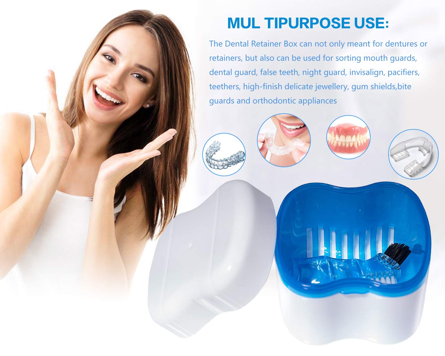 Denture Brush Retainer Case, Denture Case, Denture Cups Bath, Dentures Container with Basket Denture Holder for Travel, Mouth Guard Night Gum Retainer Container (Blue) : Beauty
