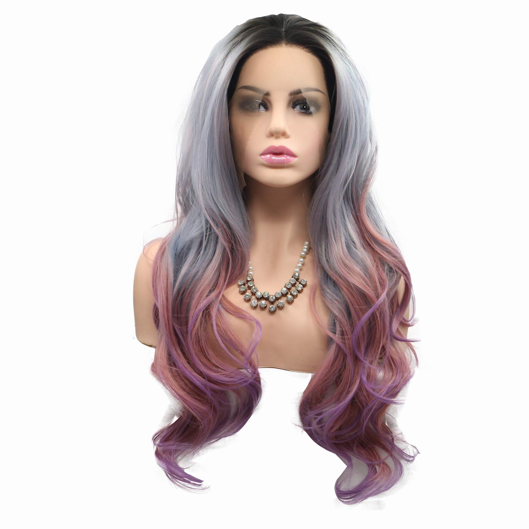 24'' Mix Color Ombre Grey to Red Wig Dark Roots Synthetic Lace Front Wigs Long Wavy Middle Part Hair with High Temperature Fiber Wig for Women Everyday Wig