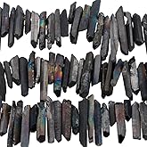 TUMBEELLUWA Rock Quartz Crystal Points Loose Beads for Jewelry Making, Titanium Coated Raw Quartz Beads 15 Inches Top Drilled, Black Crystal Points(0.45"-1.35")