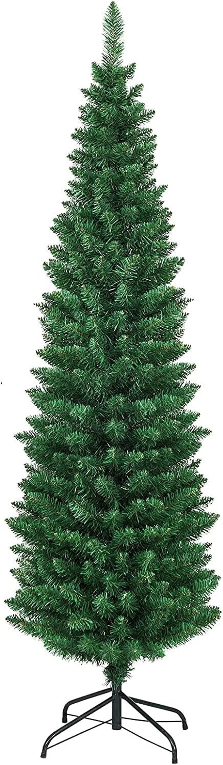 Trees - HAPPYGRILL 6FT Pencil Christmas Tree Slim Xmas Tree for Home Outdoor Decoration Unlit Artificial Christmas Tree with Foldable Metal Stand PVC Material