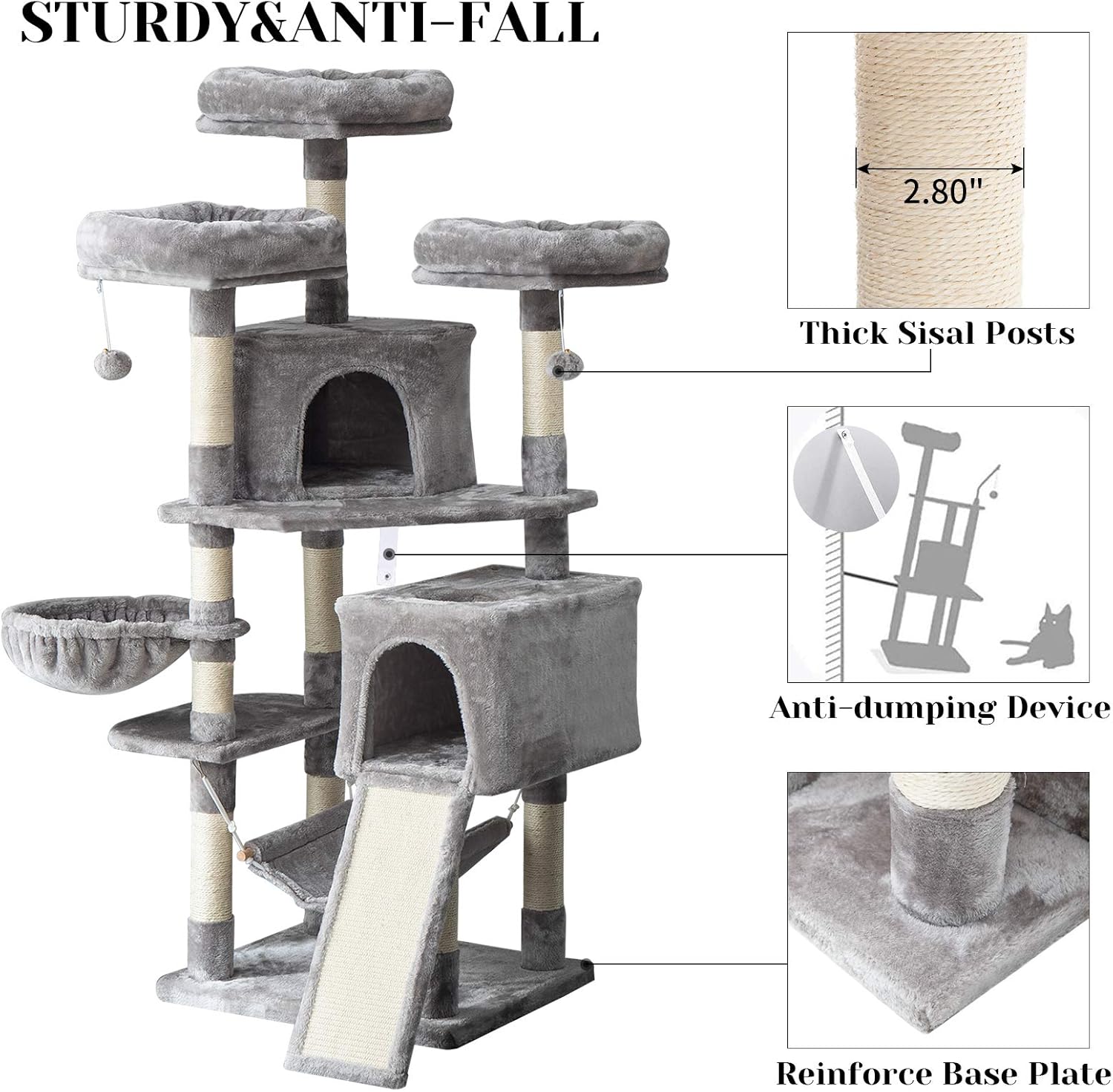 IBUYKE 63inches Multi-Level Cat Tree Tower for Large Cats Play Furniture Cat Condo with Sisal Scratching Posts&Board, Platforms, Hammock Basket, Dangling Balls, Light Gray UCT021W : Pet Supplies