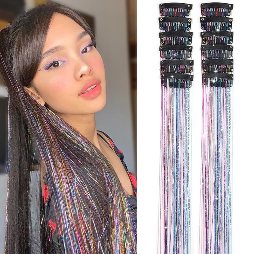 PORSMEER 12Pcs Clip in Hair Tinsel Kit,Colorful Glitter Tinsel Extensions Fairy Hair with Clips, Sparkle Strands Festival Gift Party Dazzle Accessories 20 Inch for Women — image 1
