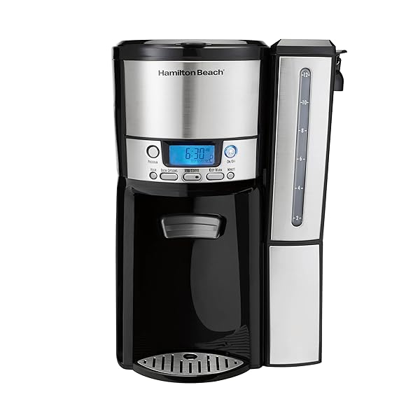 HAMILTON BEACH ONE PRESS PROGRAMMABLE DISPENSING 12 CUP COFFEE MAKER WITH INTERNAL COFFEE POT, STAYS WARM AND FRESH FOR HOURS, 60 OZ. REMOVABLE RESERVOIR, BLACK & STAINLESS STEEL (47950)