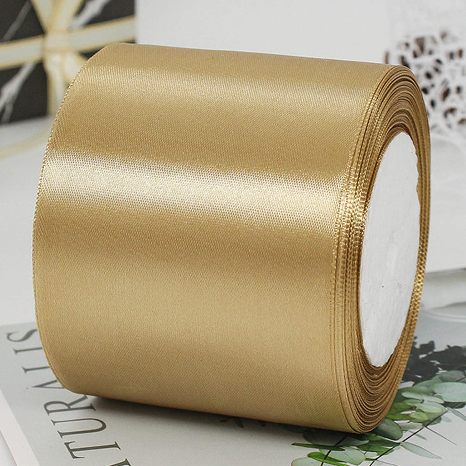 CC wonderland zone 4 Inch Champagne Gold Satin Ribbon Rolls(100mm Wide x 22.86m Long) for Gift Wrapping,Crafting,Florist
