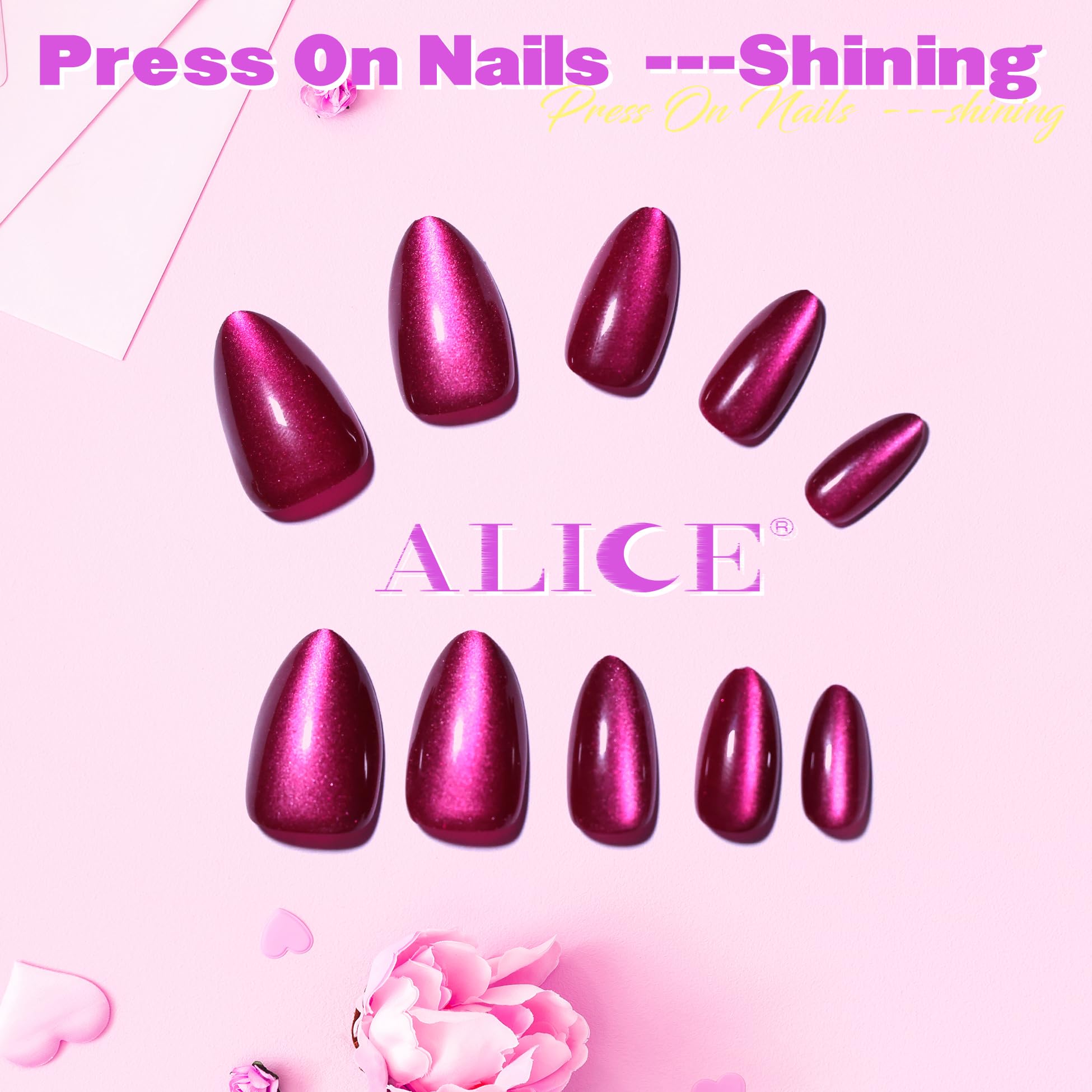 ALICE Press On Nails Short, Natural Almond Stick On Nails, Rose Purple Cat Eye Reusable Press on Nails, Fake Nail 15 Sizes 30 Pcs with Nail Glue and Nail Remover - Image 2