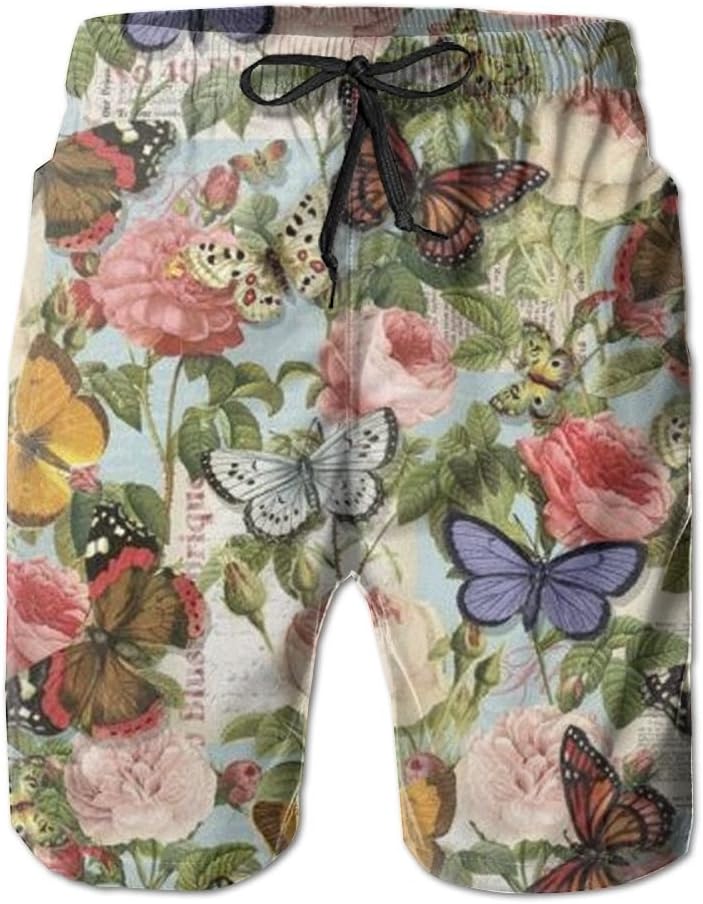 Qpkia Butterfly Floral Spring Vintage Rose Butterflies Men Bathing Suits Pants Pocket