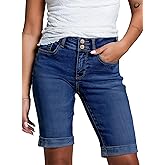 Sidefeel Women's Jean Shorts High Waisted Stretchy Bermuda Folded Hem Denim Summer Shorts