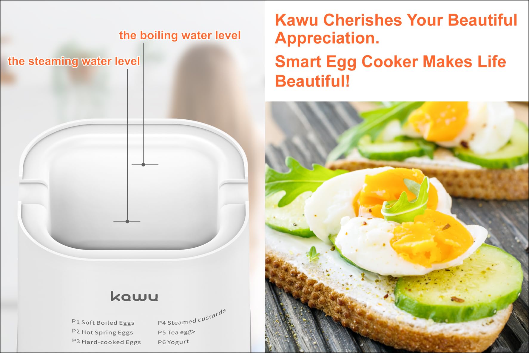 Kawu 6-Function Egg Cooker for Hard Boiled Eggs, Egg Boiler with Timer, Egg Cooker for Soft Boiled Egg, Electric Egg Boiler with Auto Shut Off &Alarm, W/Bowl&Rack