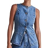 Perbai Women's Crewneck Button Down Denim Vest Tank Top Slim Jean Waistcoat Jacket with Pockets