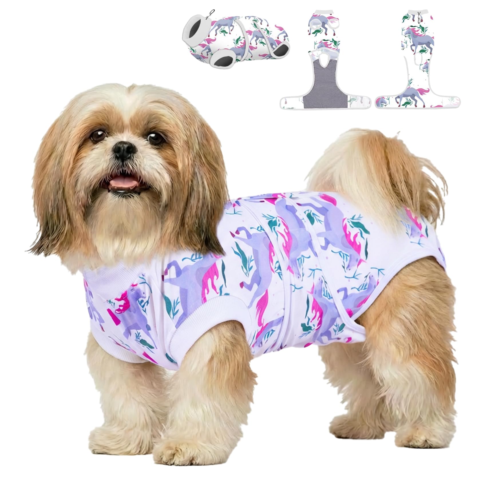 PetWarm Dog Surgery Suit, Surgical Shirt for Dogs Female Spay Male Neutered, Onesie for Dogs After Surgery, Anti-Licking Dog Recovery Suit, Unicorn Pattern, White, XS