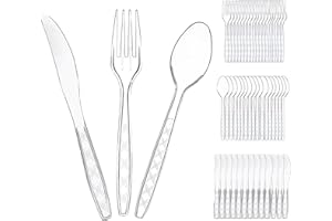 Clear Plastic Cutlery Set 150 PCS, Disposable Cutlery Set - 50 Forks, 50 Spoons, 50 Knives, Reusable Plastic Silverware for B
